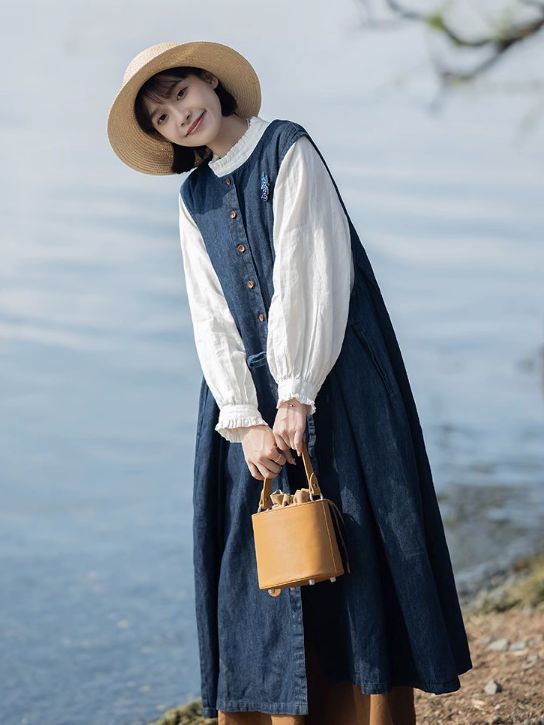 文学風穏やかな気質の日本のレトロデニムノースリーブドレス小さな人のためのロングスカート