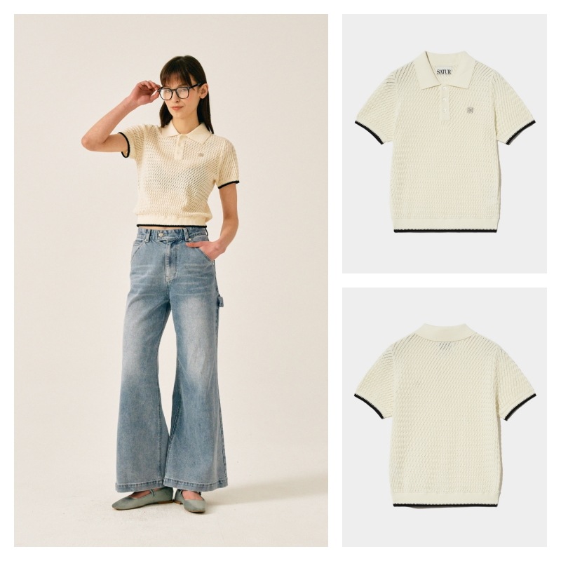 【SATUR】 (W) DIAGONAL CALLOR HALF KNIT : RESORT IVORY