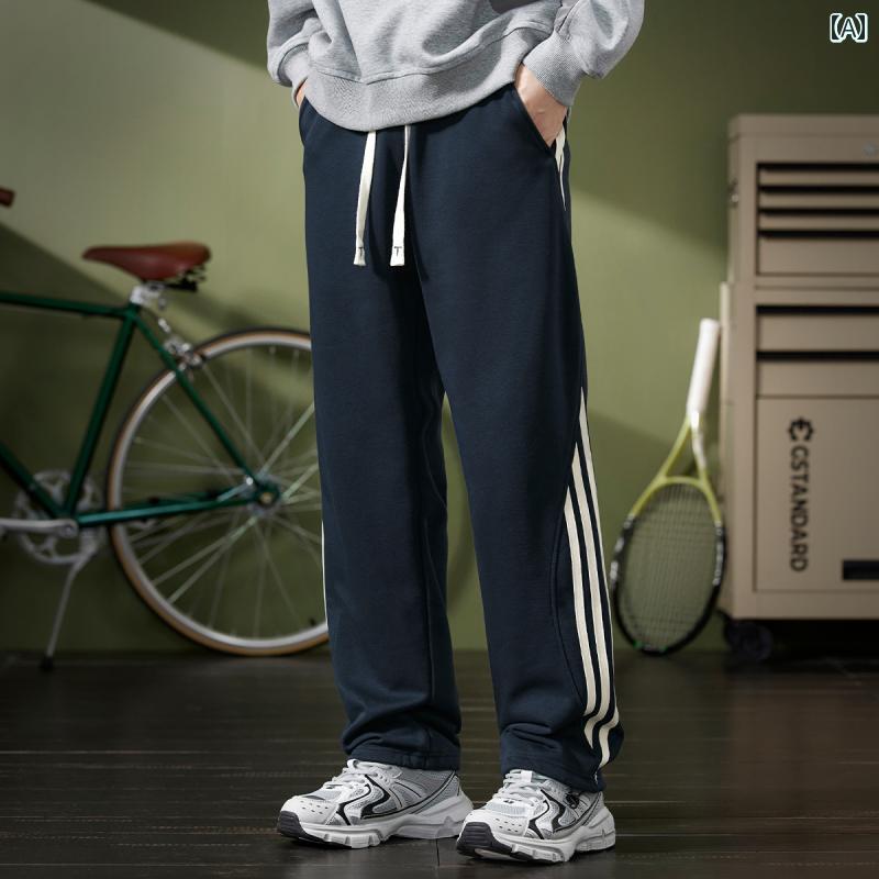 カジュアル パンツ ロング メンズ 春秋 アメリカン スリー ストライプ スウェット 起毛 ストレート ワイドレッグ ニット生地