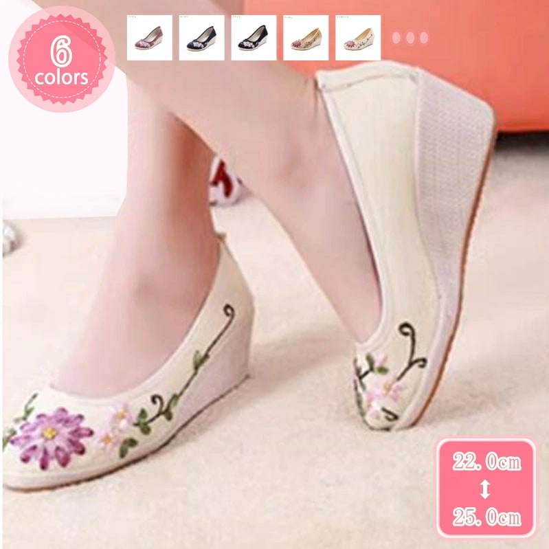 500円OFFクーポン 6cm ヒール パンプス レディース ラウンドトゥ ミドルヒール ヒールパンプス 布 パンプス パンプス ウェッジソール 布 花柄 春 夏 秋 布 綿麻 パンプス 走れる お出