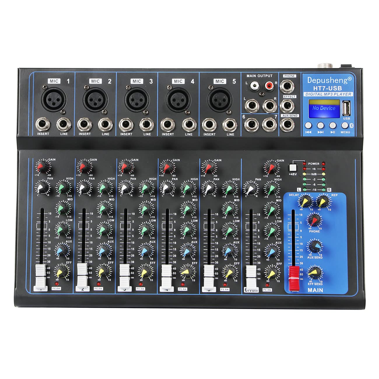 Depusheng HT7 BluetoothポータブルオーディオミキサーW/USB DJサウンドミキシングコンソールMP3ジャック48V電源コンピューター録音7チャンネルバンドミキシングボードスタジ