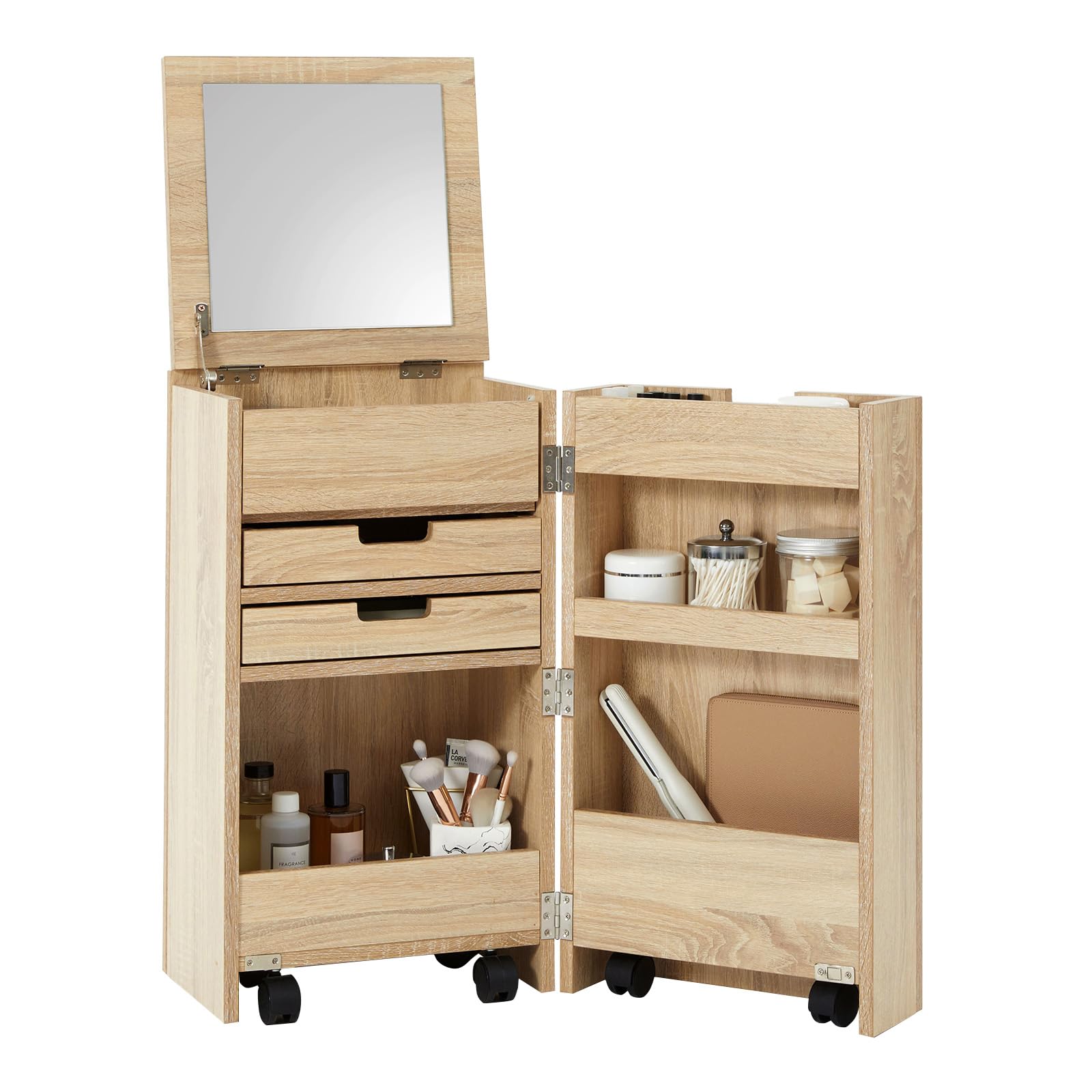 ドレッサー コンパクト コスメワゴン 収納 ワゴン サイドテーブル 半完成品 大容量 2役 化粧品収納 化粧台 多機能 オーク