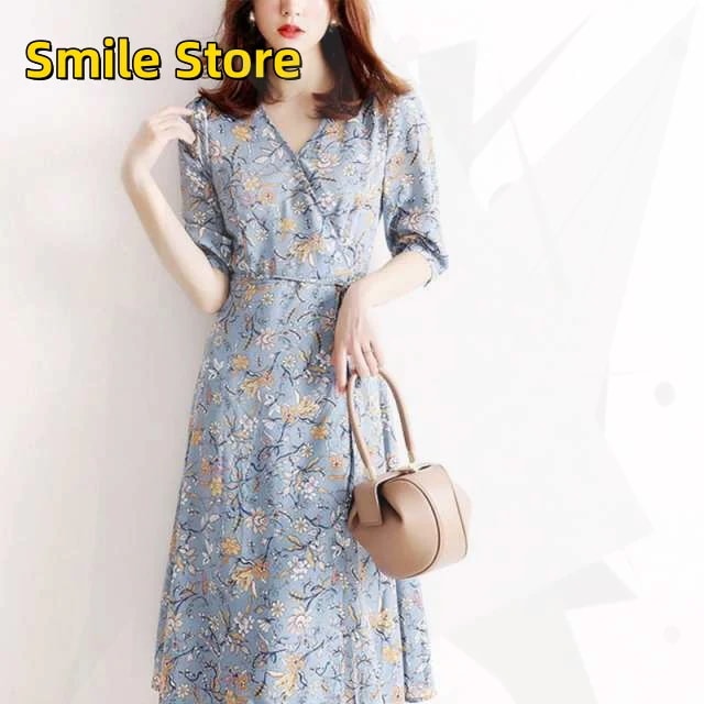ロングワンピース 通勤新品 リラックス シフォン マキシ丈 フラワー リゾート おしれ 着痩せ夏服 Vネック春夏秋五分袖 きれいめ 花柄ワンピース