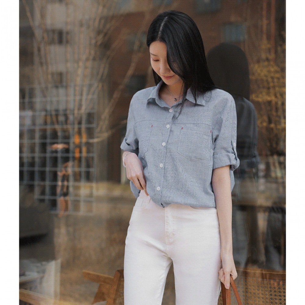 Click & Funny ランストライプロールアップストリングシャツ