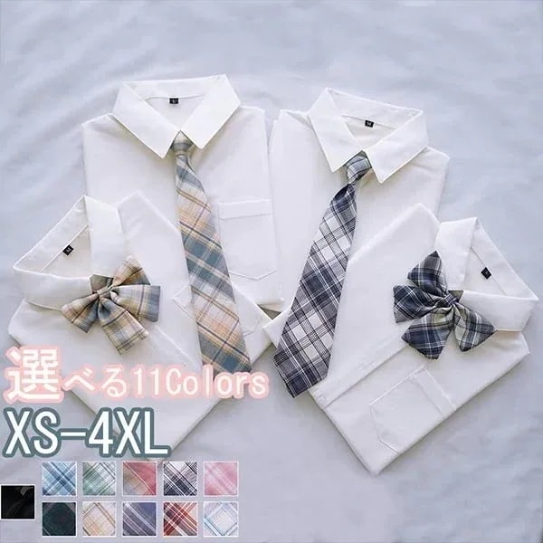 251つ買うと10個無料長袖 シャツ 女子高生 定番 女子高生制服 小さいサイズ 大きいサイズ チェック柄 ホワイト 白 二次会 おしゃれ リボン付き ネクタイ XS S M L 2L 3L
