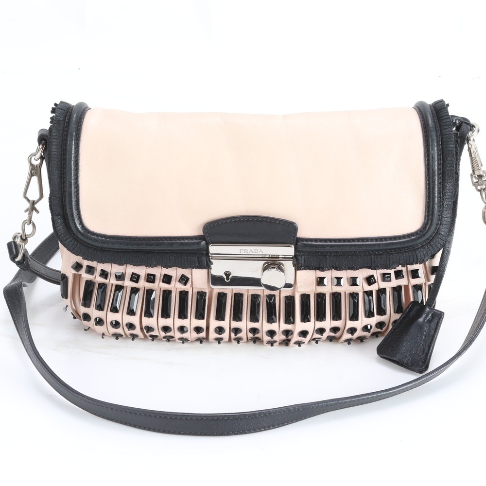 ビジュー 刺繍 レザー ショルダーバッグ 斜め掛け ハンド トート ブラック 黒 ピンク レディース EWM DN25-7 中古