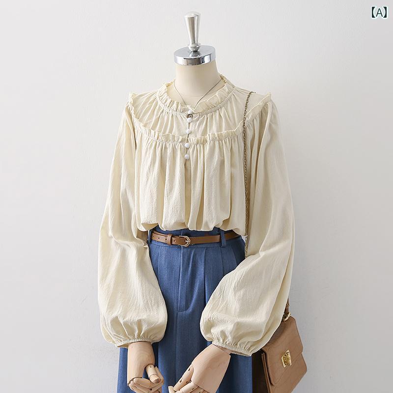 レディース トップス ブラウス 通勤 オフィス 普段使い フランス レトロ キノコエッジ 女性用 長袖 ガーリー シャツ 秋 パフスリーブ デザイン Vネック