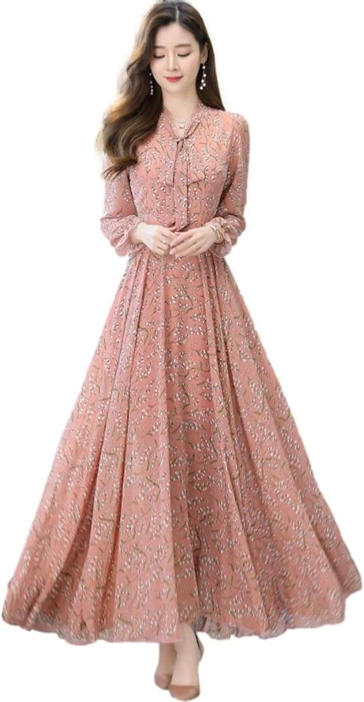 ロングシフォンワンピース レディース 小花柄 長袖 パフスリーブ ボウタイリボン ハイウエスト Ａライン フレア 上品 体形カバー スタイリッシュ 細見え マキシワンピ(ピンク, M)