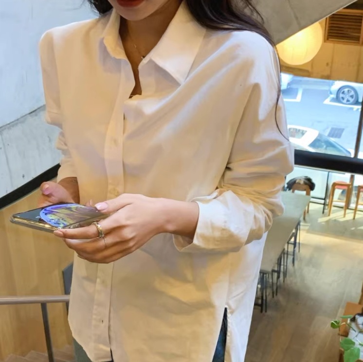 4色展開 オフィスカジュアル シンプルシャツ レディース シャツ ブラウス ロング 長袖 Vネック 襟付き Iライン スマート 前開き かわいい 大人可愛い きれいめ シンプル カジュアル 上品