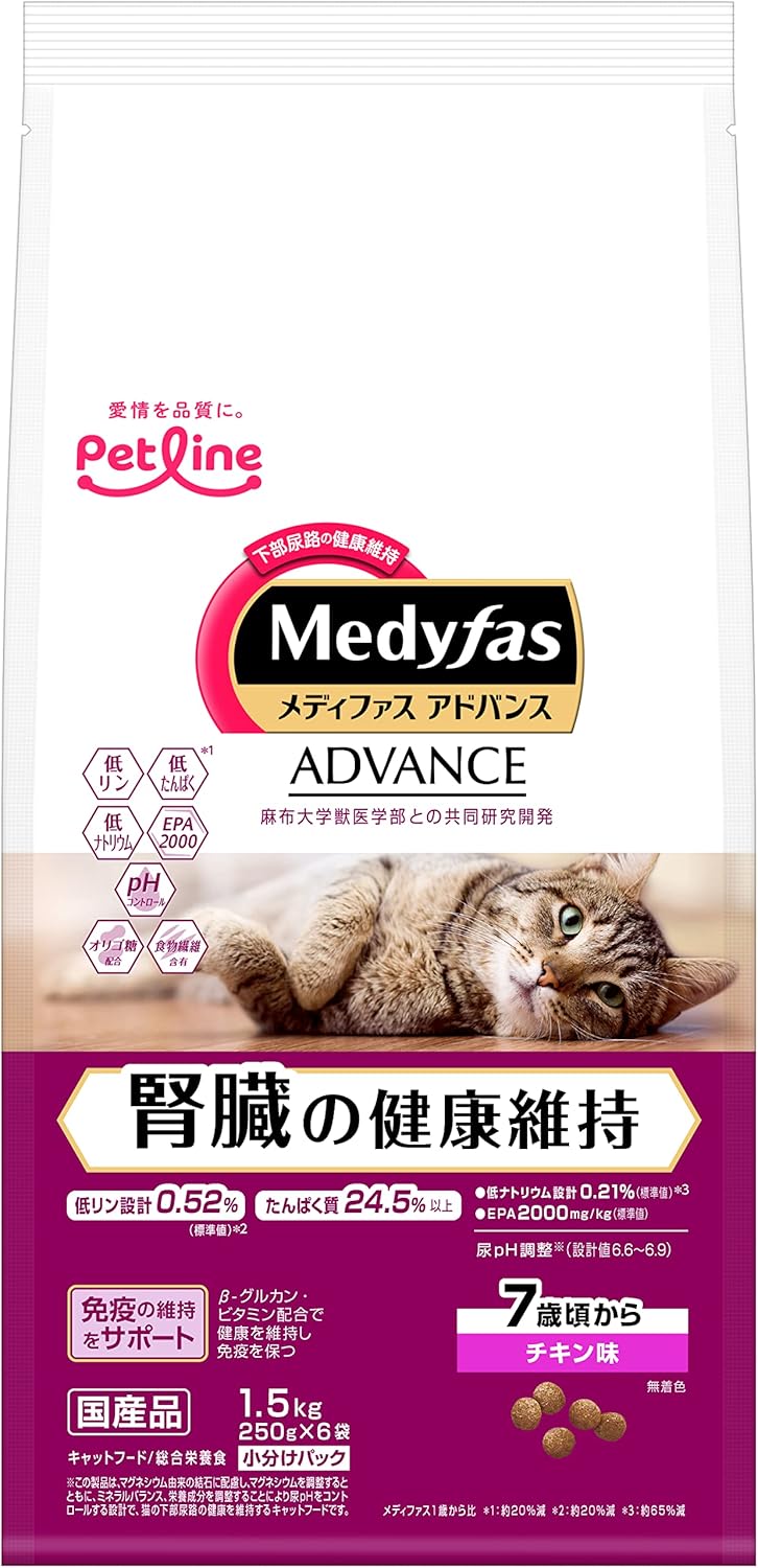 メディファスアドバンス 腎臓の健康維持 7歳頃から チキン味 【下部尿路/国産/アルミ小分け】 1.5kg(250g×6)ｘ6(ケース販売)