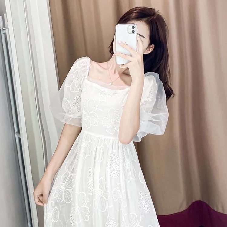 白ワンピース パフスリーブ 半袖【S～5XL】オーガンジー ロング 裏地あり 夏春 レディース マキシワンピース ミディアム丈 二次会ドレス 白 ワンピース シンプルウエストゴム カジュアル 体型カバ