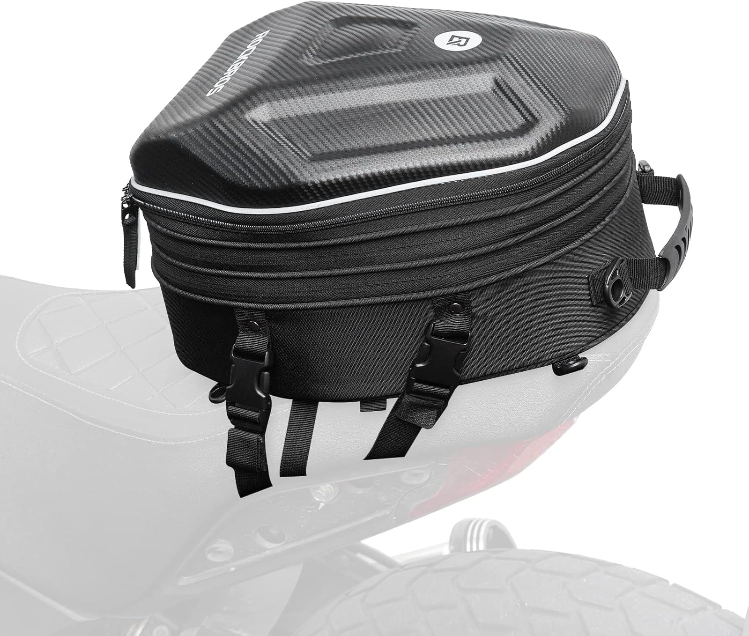 バイク用シートバッグ 20-35L 拡張可能 仕分けポケット内蔵 ヘルメット収納対応 防水カバー付き 耐摩耗性 取り付け簡単 固定ベルト付き ブラック