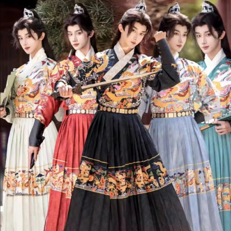 メンズ漢服 華流衣装 中華古代服 中華服 チャイナ服 中華風 チャイナ風 唐装 古典服 舞台衣装 ステージ衣装 イベント 仮装 プリント柄 龍柄 振袖 コスチューム 写真撮影 華やか 裾幅大きい ホ