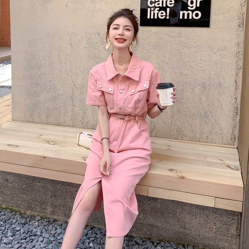 女性用ピンクデザインスリットデニムドレス2024夏絶妙なスカート