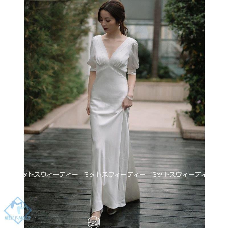 ウエディングドレス ロングドレス 二次会 花嫁 パーティドレス 結婚式 ウェディグドレス 白 サテン