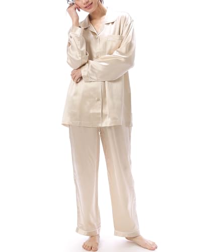 [ニシキ] シルクパジャマ レディース 高級シルク100% A6ランク 19匁 長袖 前開き 上下セット 長ズボン ルームウェア (ﾍﾞｰｼﾞｭ/M/n4013)