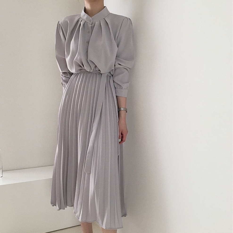 ワンピース ミディアム丈ワンピース シャツワンピース 長袖 ハイネック 切り替えデザイン プリーツスカート ウエストマーク ハーフボタン かわいい 大人可愛い きれいめ シンプル 上品 おしゃれ