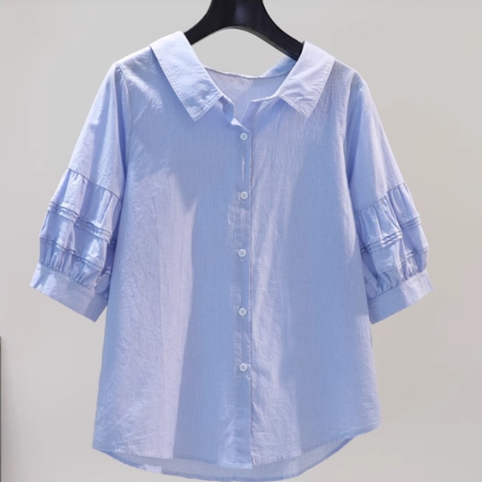 レディース トップス シャツ ブラウス 前開き 7分袖 襟付き ワイド フェミニン ボタン 薄手 かわいい 大人可愛い きれいめ シンプル カジュアル 上品 おしゃれ レトロ こなれ感 ラフ ガーリー