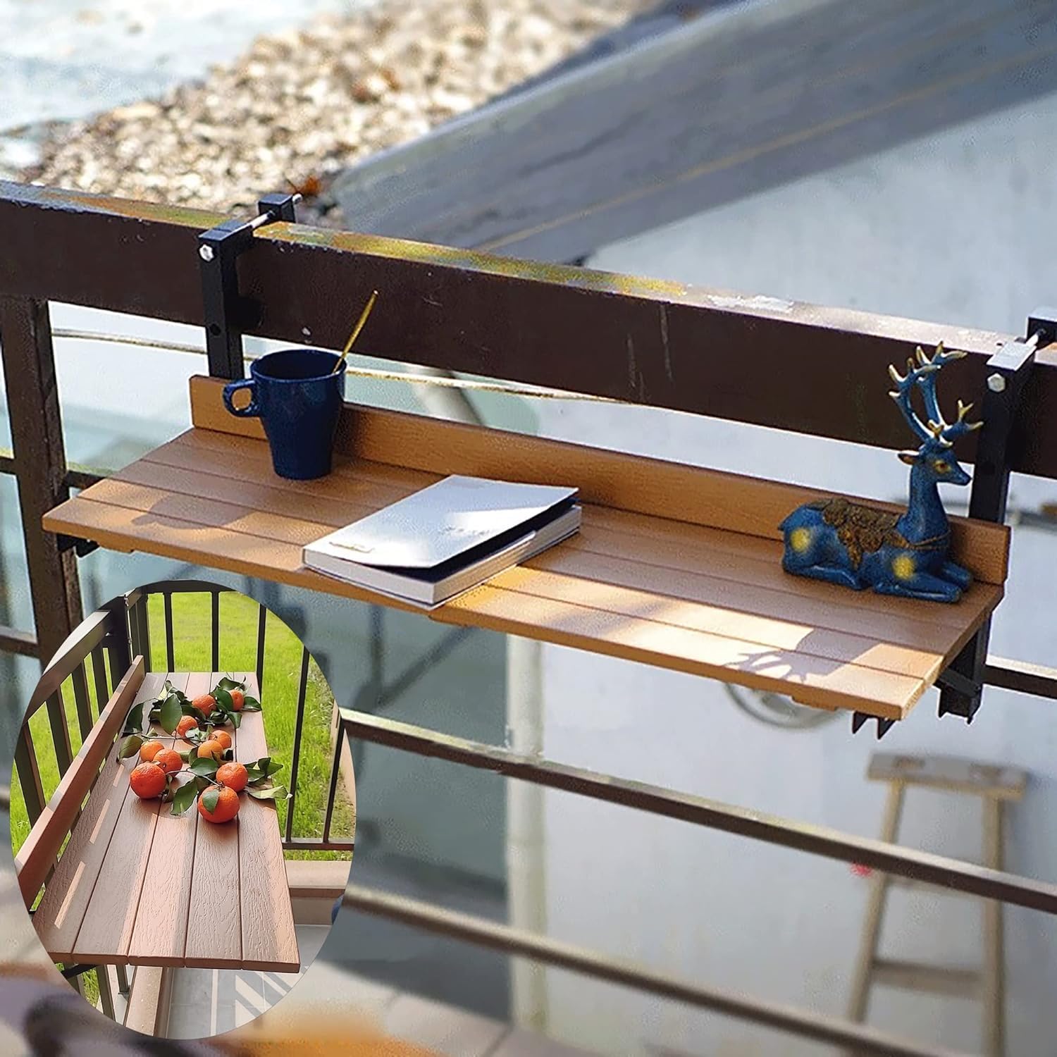 バルコニー手すりテーブル屋外折りたたみテーブルパティオプランター用装飾テーブル吊り下げ式バルコニーダイニングテーブル(Wood Color)