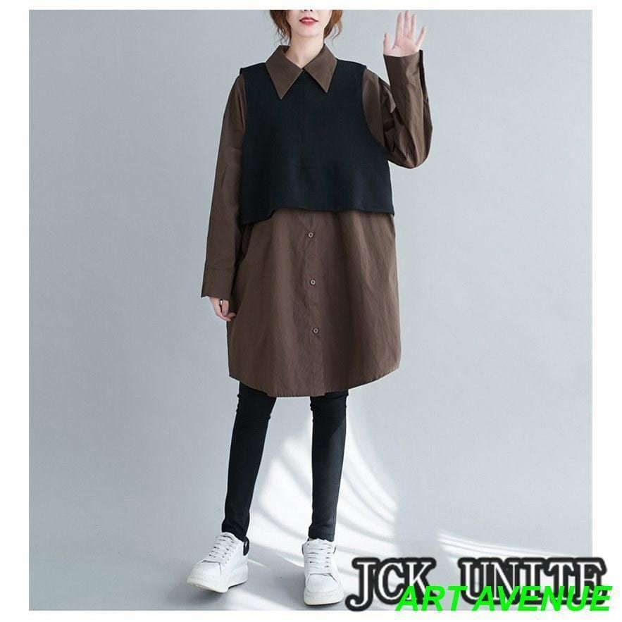 ワンピース ロングワンピース シャツワンピース レディース 長袖 秋 チュニック ロングシャツ 無地 ベスト シンプル 前開き ベスト付き 体型カバー