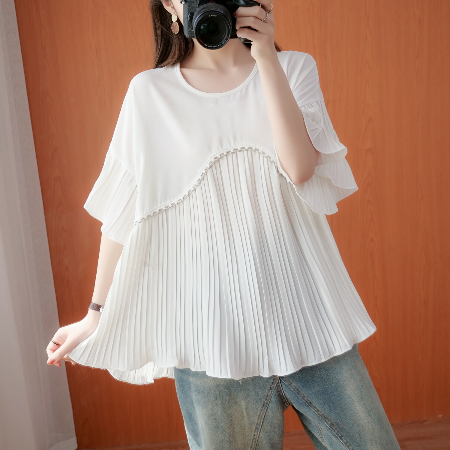 プリーツ切り替えブラウス トップス ブラウス 袖あり 半袖 ラウンドネック 切り替えデザイン プリーツ 切り替えデザイン ポリエステル かわいい 大人可愛い きれいめ シンプル カジュアル 大人 上品