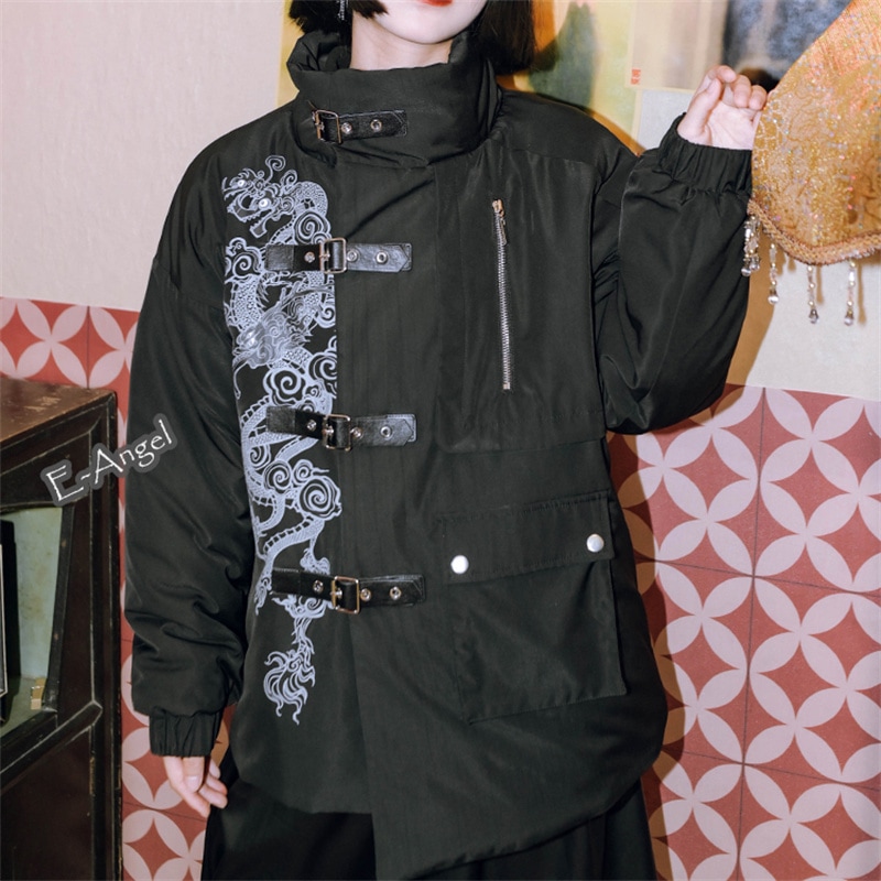 チャイナアウター レディース 冬 キルティングジャケット 厚手 キルティングコート 黒色 龍柄 スタンドカラー 防風 ポケット 個性的 パンク風 暗黒系