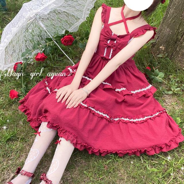 コスプレメイド服 ロリータドレス中世ソリッドカラースリングjskドレスサマードレスレディース ドレス 韓国ファッション ハロウイン