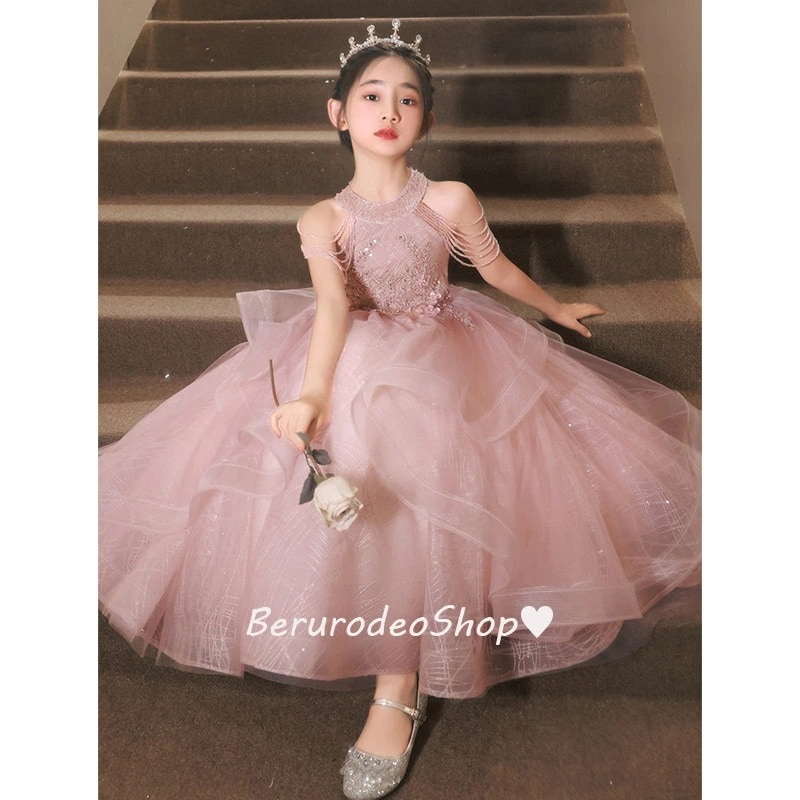 子供ドレス ピンク シャンパン色 ピアノ発表会ドレス ロング 女児ドレス ホルターネック オフショルダー ビーズ キラキラドレス 演奏会ドレス 女の子 素敵 キレイめ キッズドレス 110~160cm