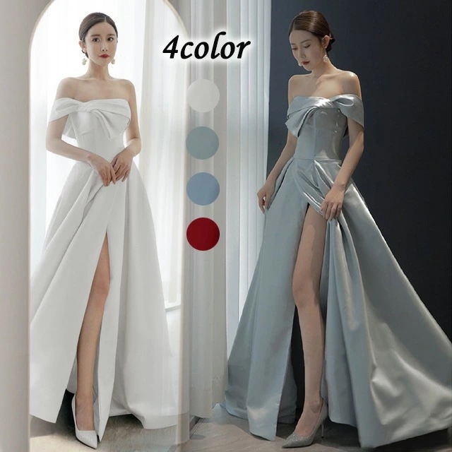 イブニングドレス サテン オフショルダー ロングドレス スリット セクシー ホワイトドレス ノースリーブ Aライン 発表会ドレス ワイン赤 30代 二次会ドレス パーティードレス グレー ブルー 4,741円