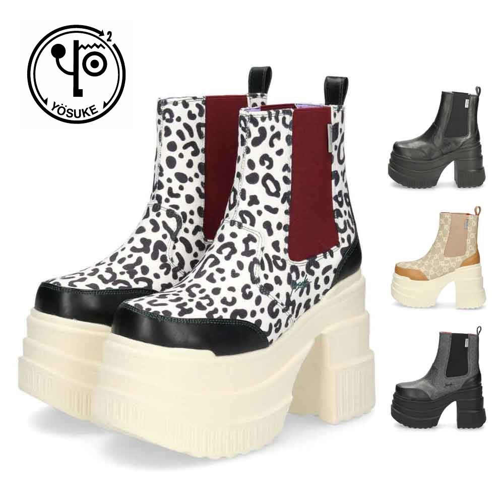 サイドゴア ブーツ レディース 厚底ブーツ ショート 黒 ヨースケ YOSUKE 靴 チェルシーブーツ 4460050 ブラック ベージュ グレー マルチ レオパード