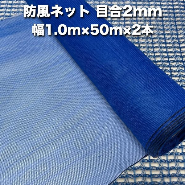 防風ネット（青色） 網目2mm 1.0m50m2本 防塵 防砂 風対策 強風対策 園芸 家庭菜園