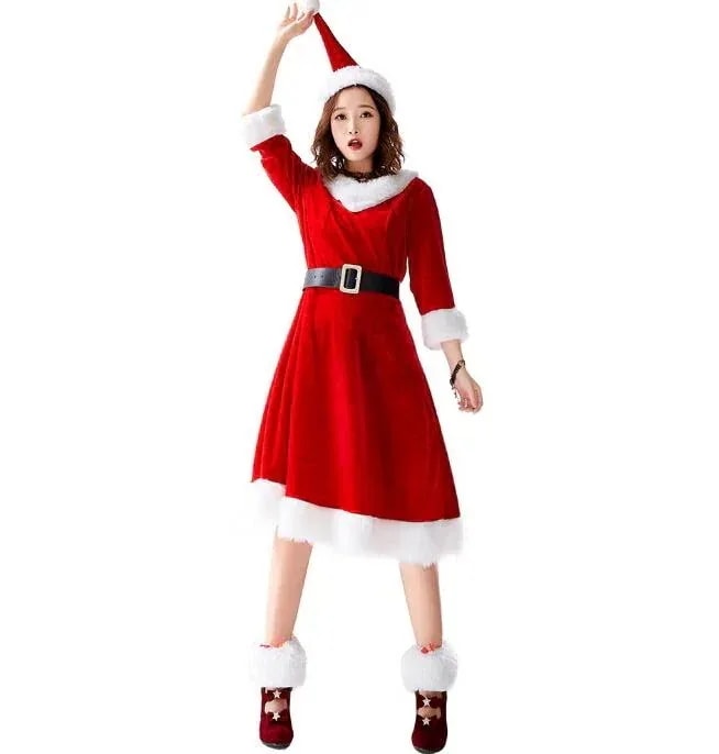 祝日おめでとう長袖クリスマスドレス膝丈レディースクリスマス衣装コスプレサンタコスムクリスマスドレスふわふわボアドレス帽子付き4点セット051