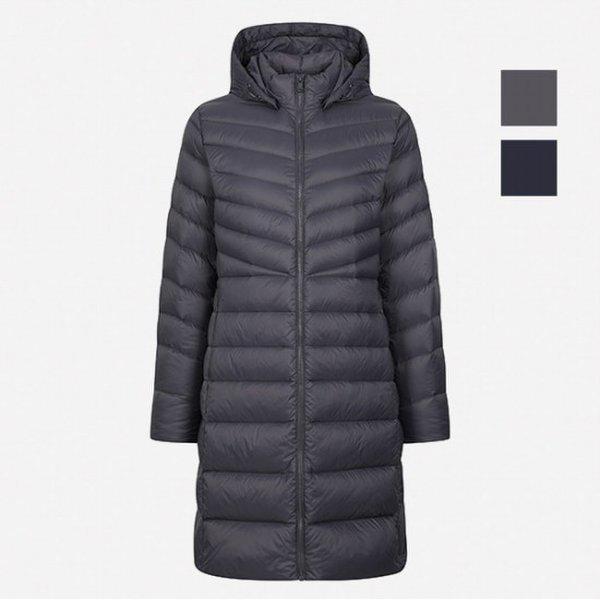 女性斜めラインフード軽量ロングパディングジャンパー(NUI809)