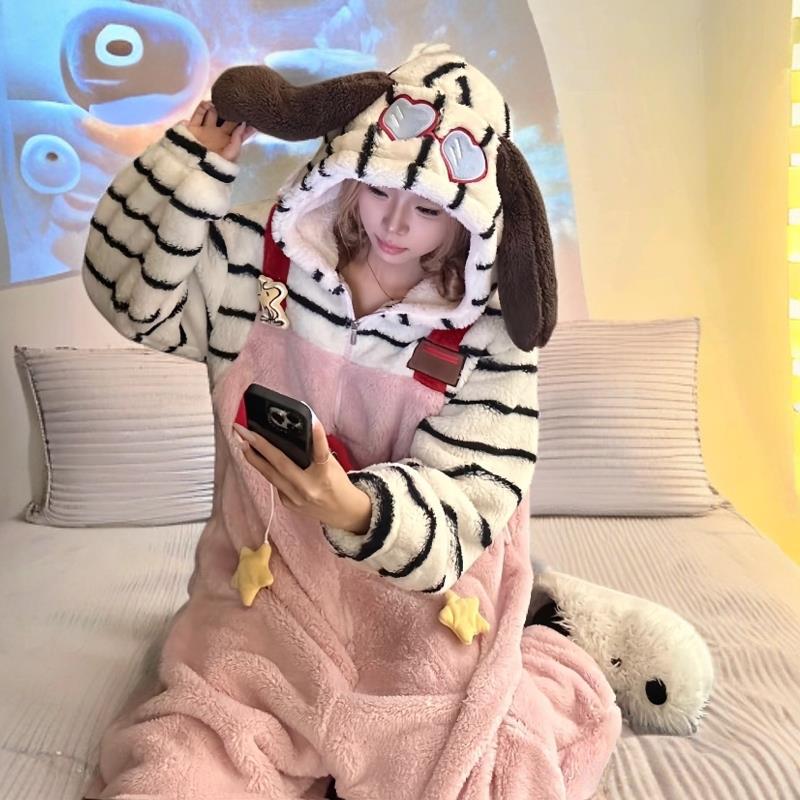 甘いパチャ犬耳珊瑚羽毛パジャマ女性秋冬暖かい家レジャーゆったりとした快適なつなぎ