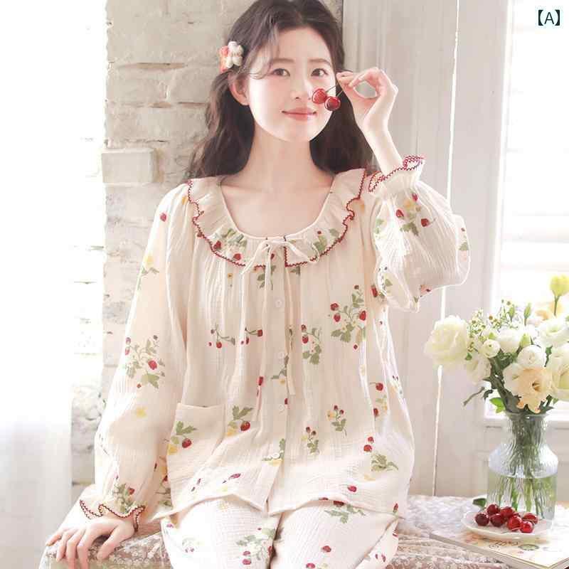 レディース　パジャマ　スウェット　上下 Miandao 女性用 綿 ガーゼ パジャマ 春秋 スタイル 甘くて 爽 やか 胸 パッド 付き 長袖 ホームウェア スーツ