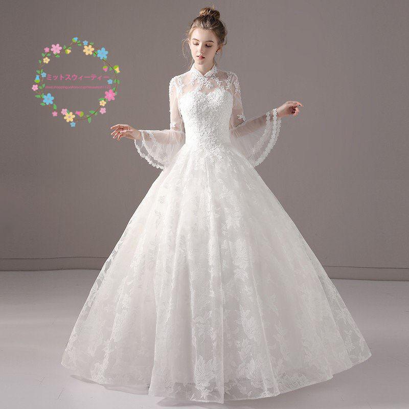 ウェディングドレス 安い 長袖 結婚式 ブライダル ドレス 花嫁 二次会 プリンセスラインドレス ロング 白 ウエディングドレス 披露宴 パーティードレス