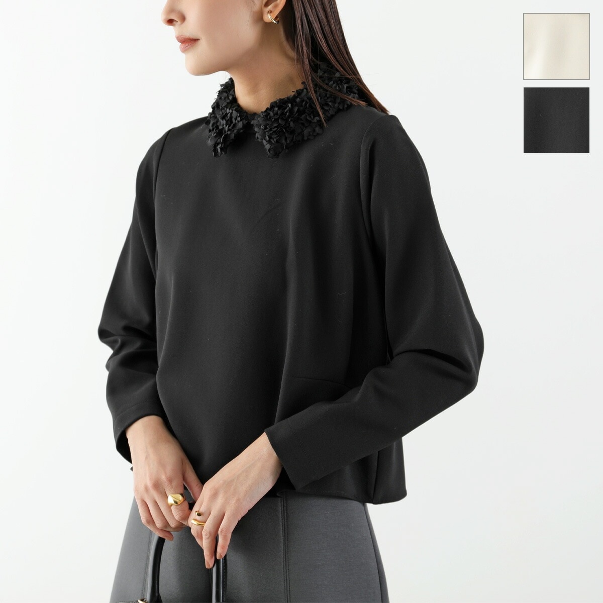 anana アナナ ブラウス a59-046 レディース 2way 花びらフリル 襟付き ストレッチ 長袖 カラー2色