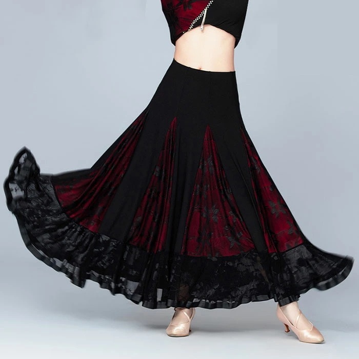 社交ダンス 社交ダンス衣装 衣装 レース スカート ウェア ダンスウェア 社交ダンススカート ロングスカート モダン ラテン レッスン パーティー レッド ブラック 赤 黒