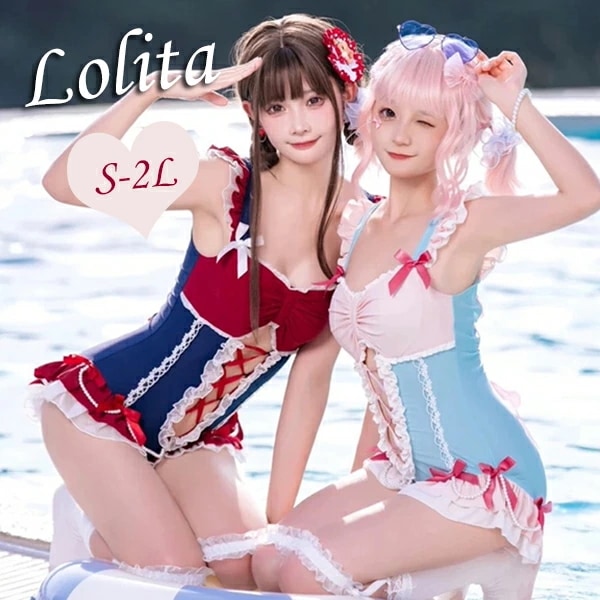 ワンピース水着 レディース ロリータ 水着 オールインワン 大きいサイズ ぽっちゃり 20代 30代 かわいい フリル オトナ女子 フレア 胸元 お腹 お尻 太もも カバーアップ 露出控えめ リボン