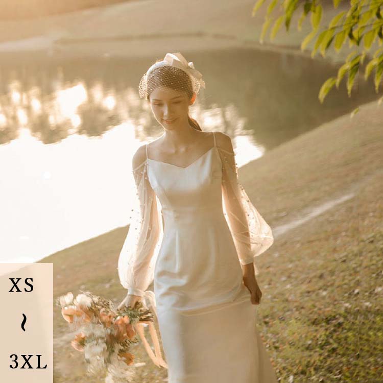 ウェディングドレス 袖あり 結婚式 ウェディングドレス スレンダーライン 二次会ドレス ロングドレス ゲストドレス 忘年会 披露宴 司会者 チューブトップ 長袖 花嫁ドレス 白 上品