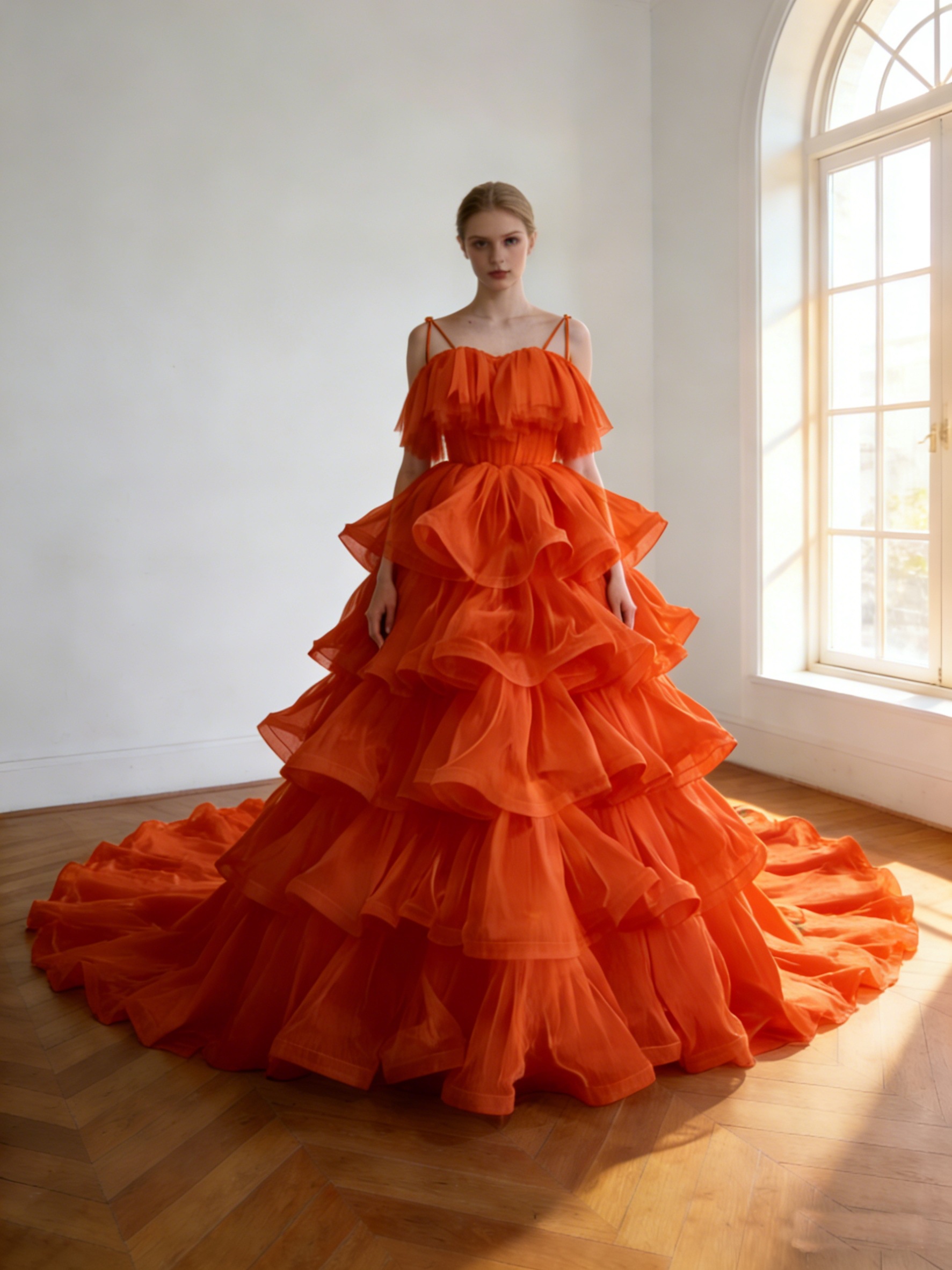 カラードレス オレンジ キャミソール ティアードのドレス 華やかなトレーン 結婚式