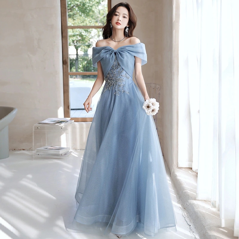 ニッチで洗練された 軽やかなラグジュアリー 宴会向けエレガントなフレンチスタイル 大人のパーティードレス ブルーのイブニングドレス オフショルダー 女性用 4,621円