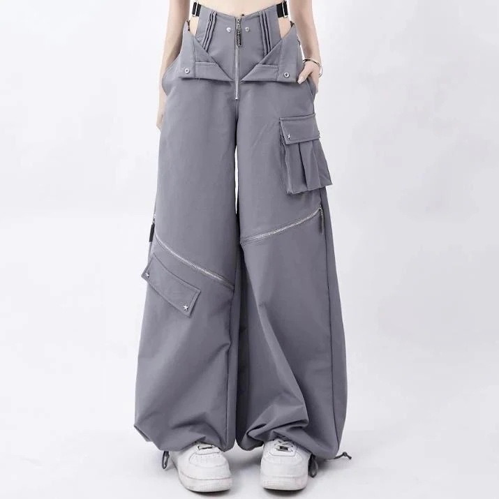 カーゴ パンツ 切替 重ね着風 ファスナー ジッパー スリット 韓国 ストリート系 Y2K グランジ 海外 ダンス 衣装 K-POP ファッション レディース 8PA-56
