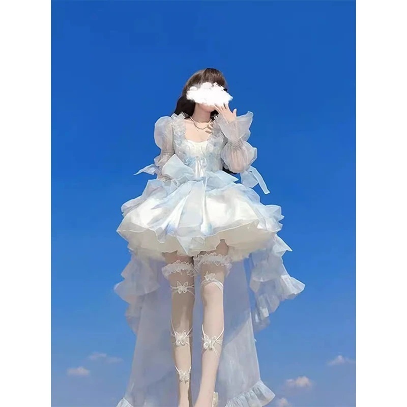 女性用ブルードレスショールドレススーツゴージャスでエレガントなテール付きプリンセスドレス