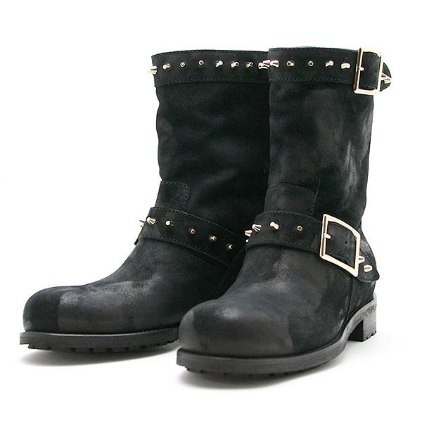 JIMMY CHOO ミドル バイカーブーツ WAXED SUEDE W/STUDS DASH WDT BLACK
