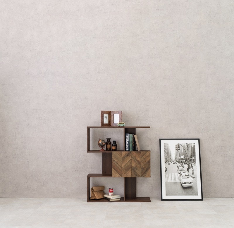 ラック 棚 扉付き 木目柄 木製 おしゃれ 北欧モダン ヘリンボーン ブラウン シェルフ キャビネット 幅90cm