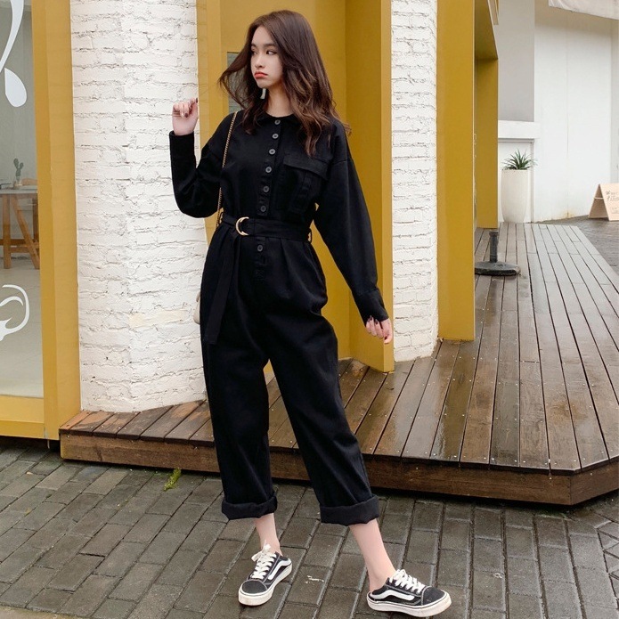 オールインワンパンツ ロング丈 長袖 襟付き ワイド 韓国 レディース パンツ オールインワン ポケット 前開き ウエストベルト オルチャン 可愛い かわいい 大人可愛い シンプル