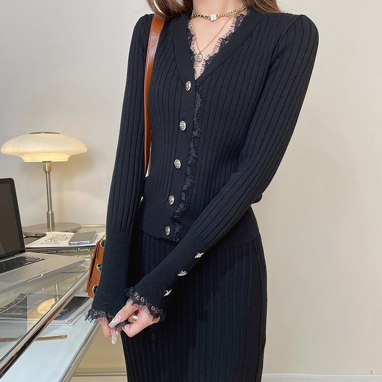 ニットスカートセットアップ リブニット ロングスカート オルチャン レディース ツーピース 韓国 ブラック パープル ホワイト レース Vネック ニットソー カーディガン 膝下 9分丈 長袖