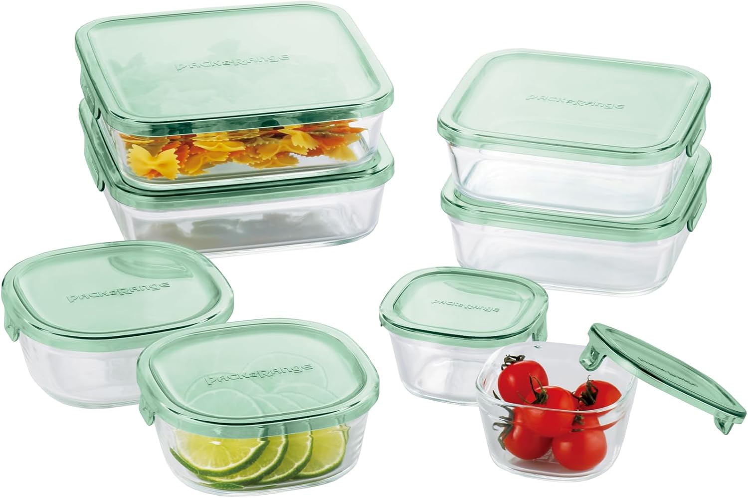 iwaki耐熱ガラス 保存容器 グリーン 角型 8個セット パック&レンジ PS-PRN-8G