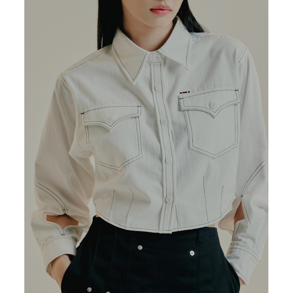 ROMANTIC CROWNコットンウエスタンクロップシャツ_ホワイト